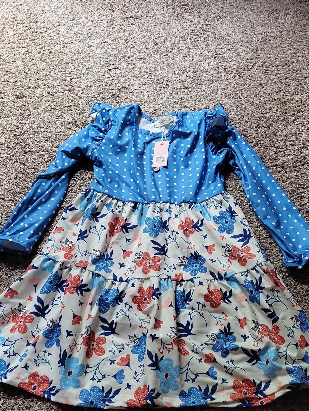 Girls' Blue Polka Dot & Floral Tiered Dress
